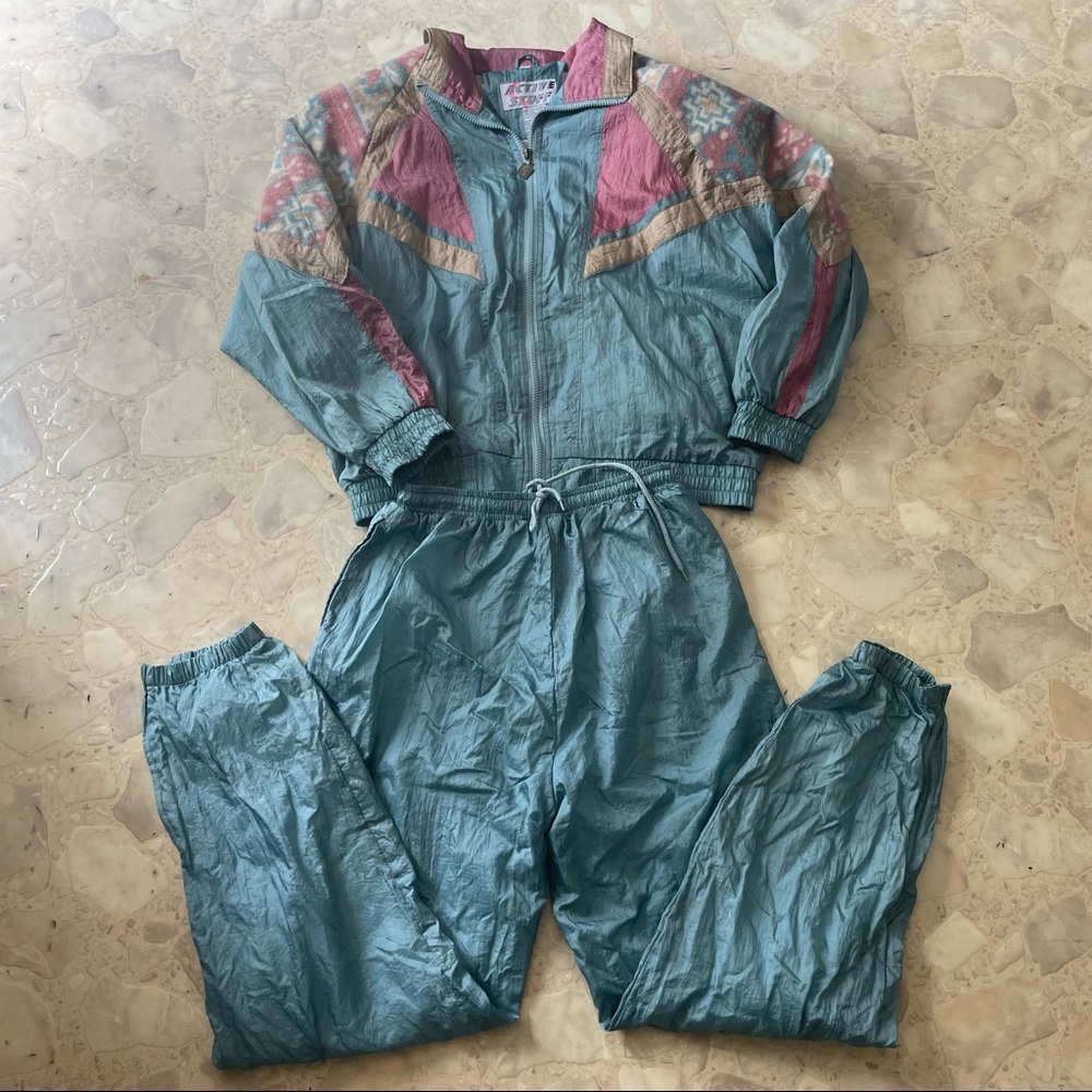 Vintage Sweat Suit Hip Hop 80’s Parachute Jacket Pants, Active Stuff Set